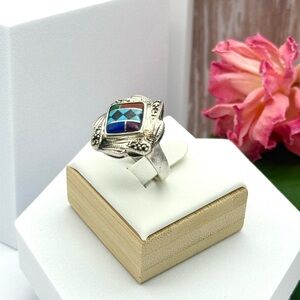 Vintage KC Sterling Silver Ring American Native Mosaic Inlay size # 9